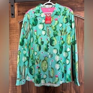 Ranch Dress’N Cactus Print Green Blouse - Labeled 3X but fits/measures smaller